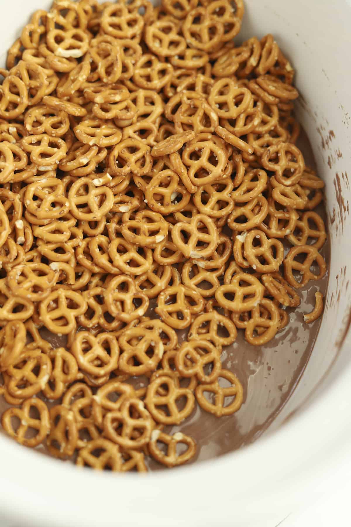 melted chocolate with pretzels 