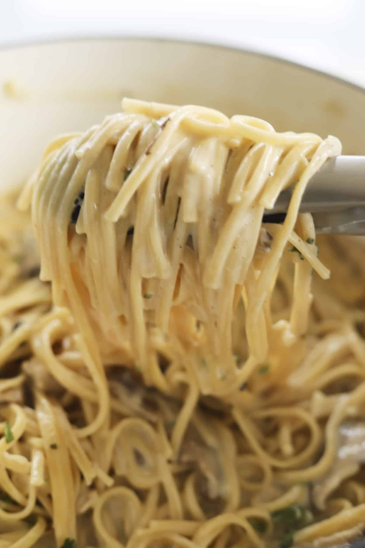 tongs lifting a serving of one pot chicken tetrazzini from a pot 