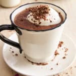 A creamy hot chocolate topped with whipped cream and chocolate shavings in a white mug, sitting on a matching saucer, with rose petals and chocolate shavings scattered nearby.