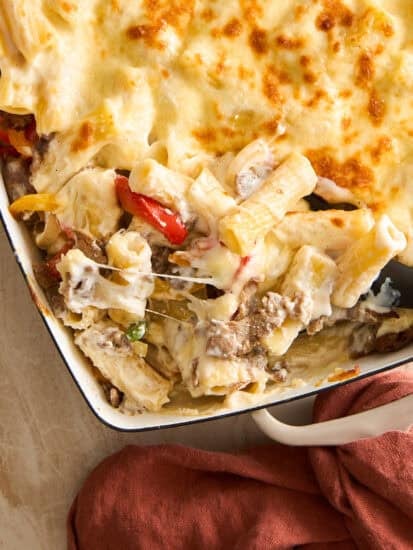 A casserole with cheese and meat.