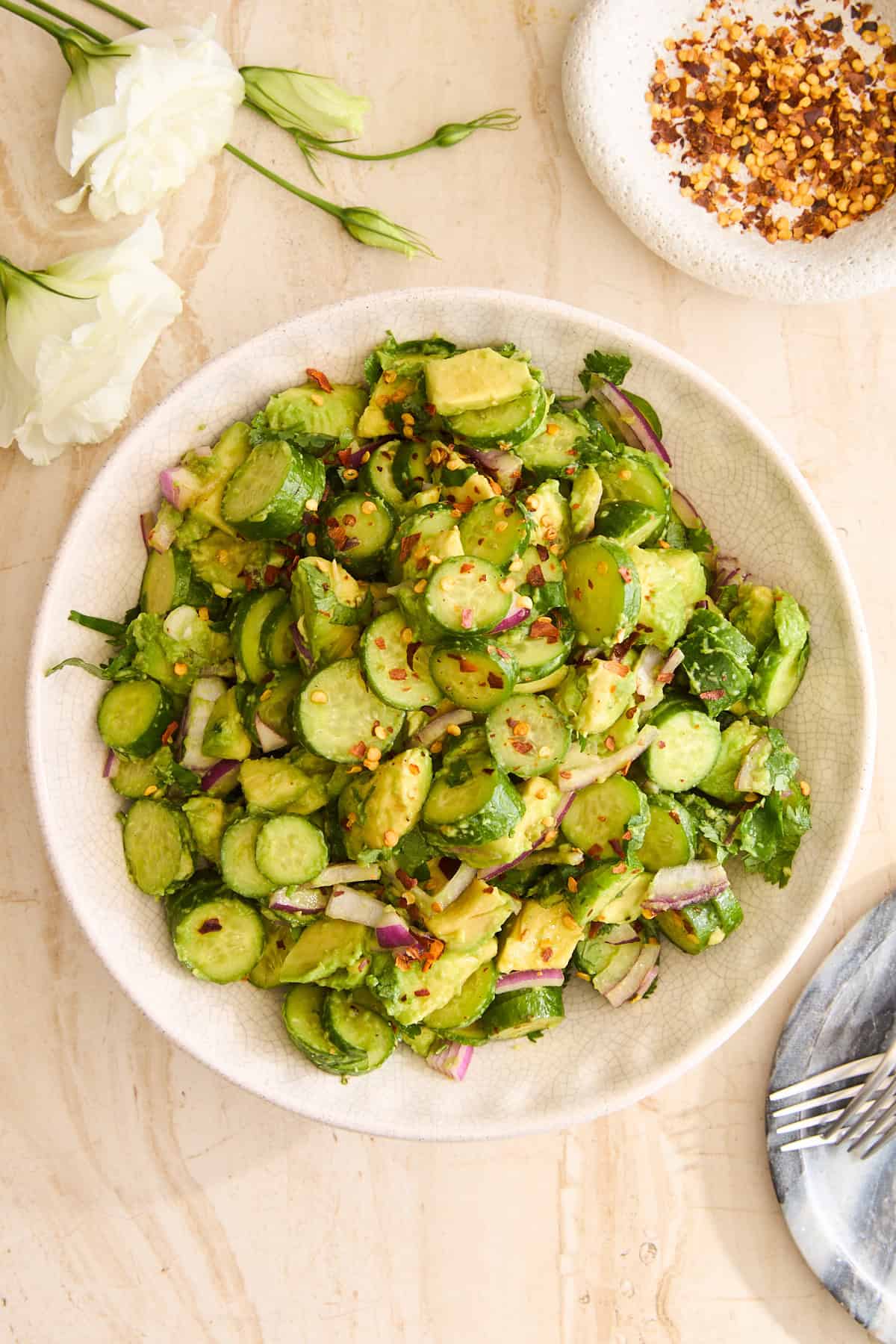 Cucumber Avocado Salad in a wide bowl