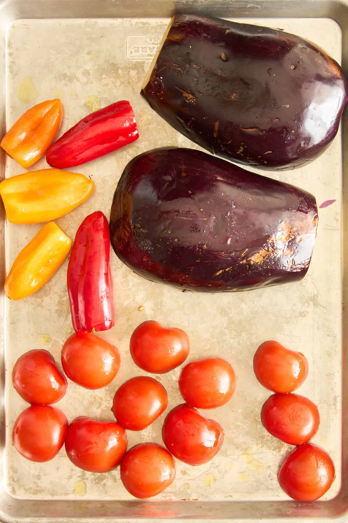 Halved vegetables on a tray