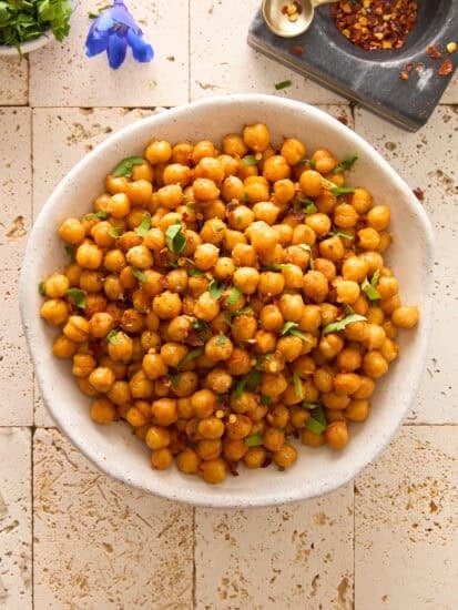 A bowl of crispy seasoned air fryer chickpeas.
