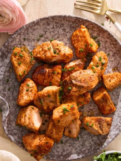 A plate of air fryer salmon bites.