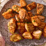 A plate of air fryer salmon bites.