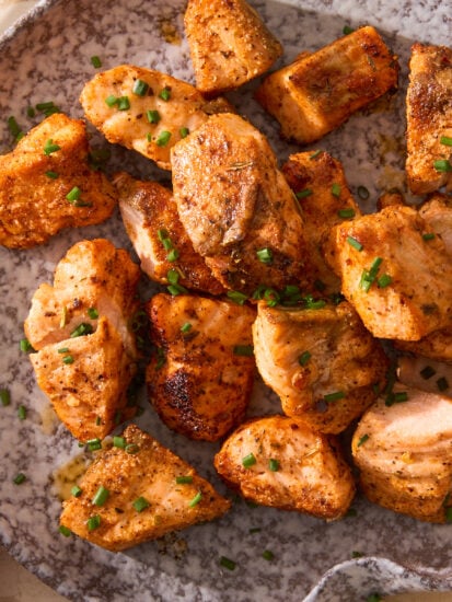 A plate of air fryer salmon bites.