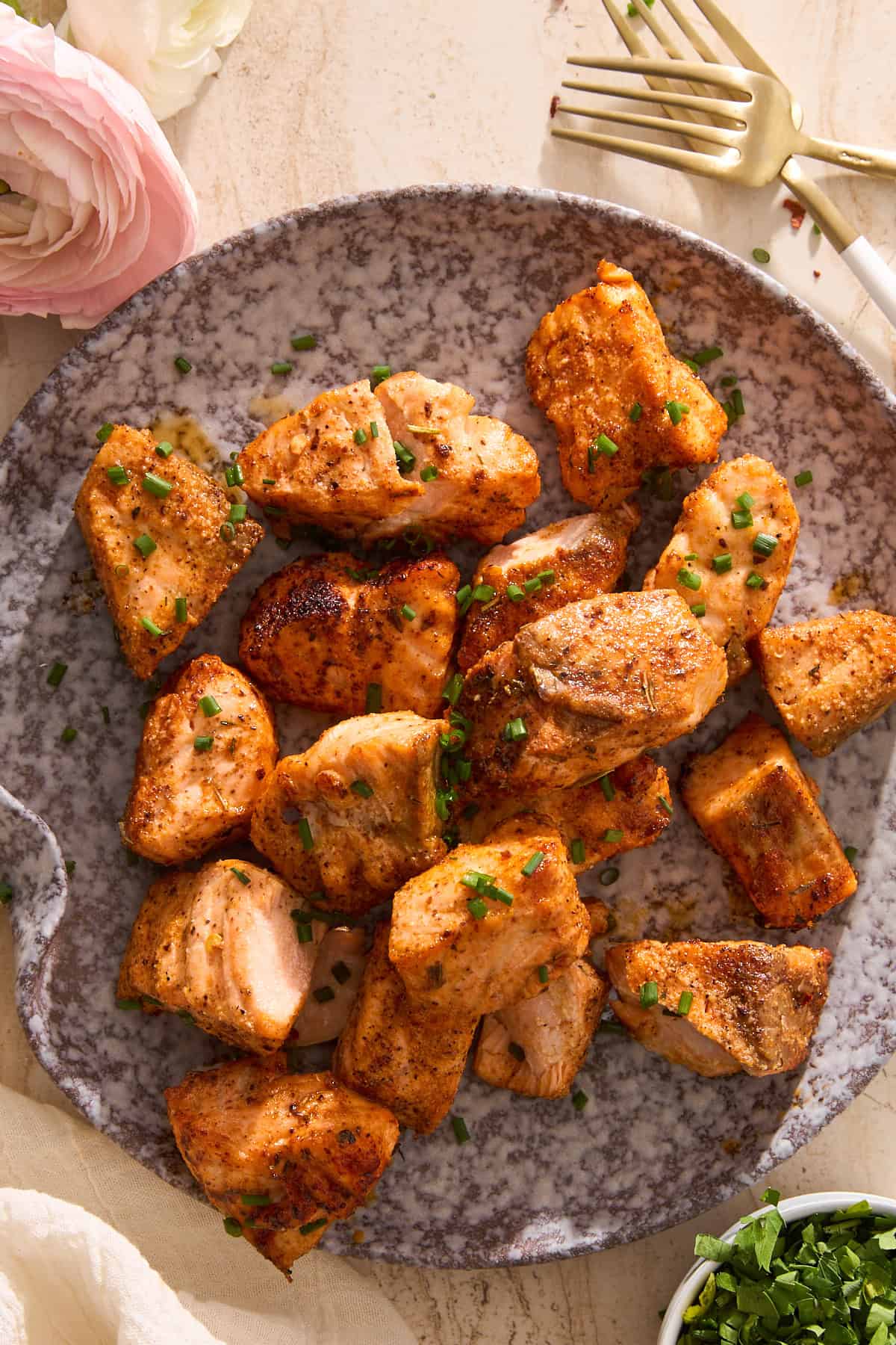A plate of air fryer salmon bites.