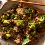 A bowl of air fryer beef and broccoli.