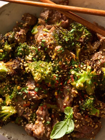 A bowl of air fryer beef and broccoli.