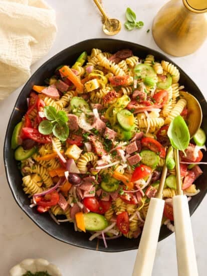 A bowl of Mediterranean pasta salad.
