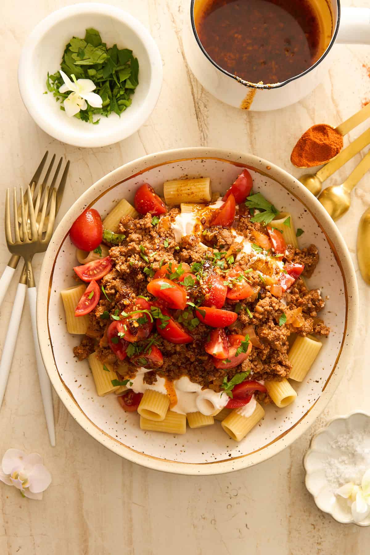 A bowl of Turkish Pasta with Garlic Yogurt and Spiced Butter Sauce.