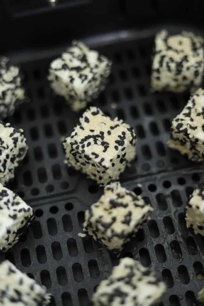 sesame crusted cubes of feta in an air fryer