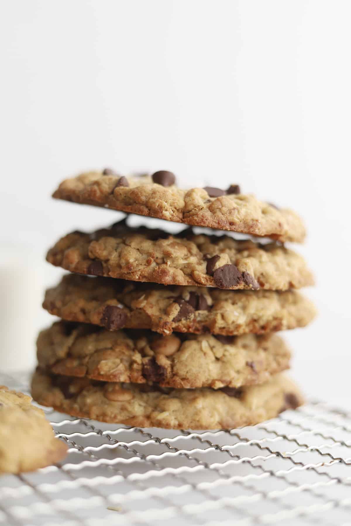 a stack of copycat crumbl mom's cookies.