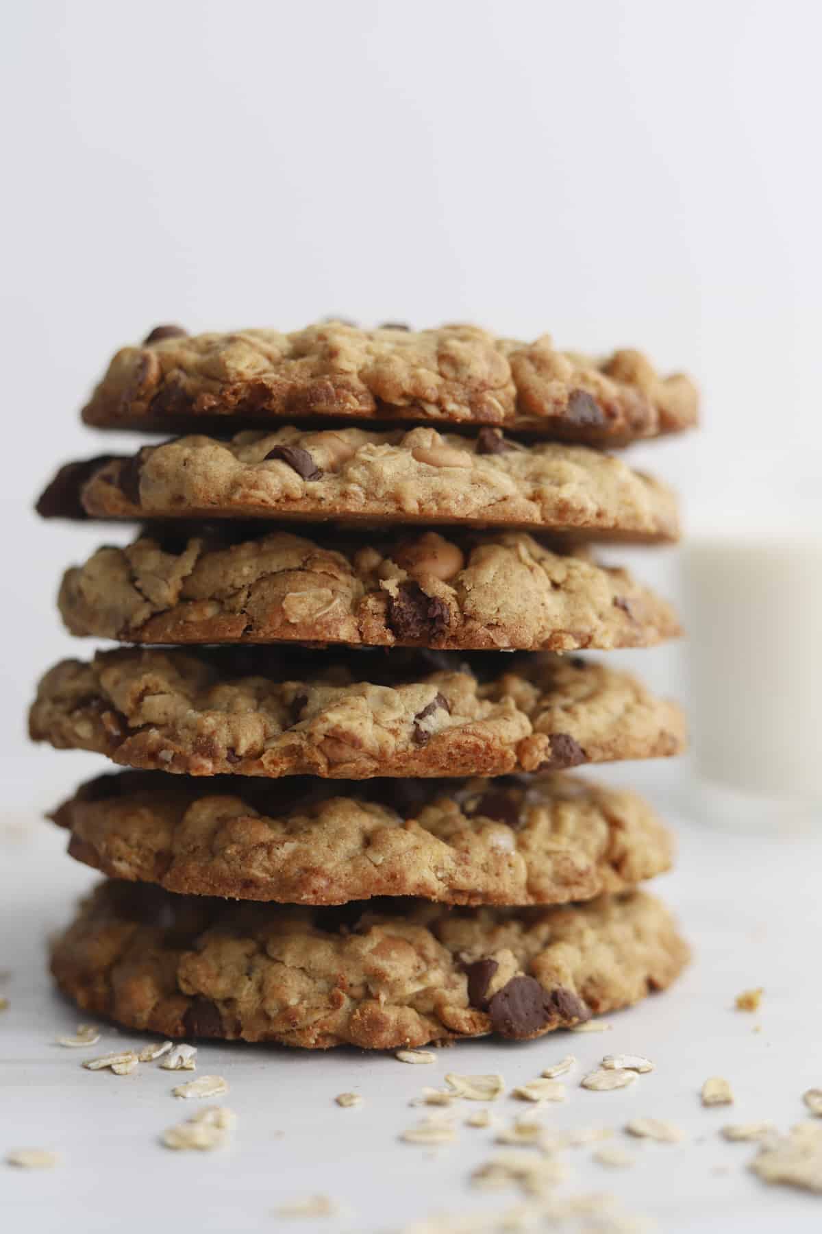 Side view of 6 Crumbl Cookies Mom's Recipe copycat cookies on top of each other.