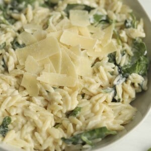 a pot of parmesan spinach orzo pasta