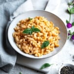 a bowl of easy baked mac and cheese.