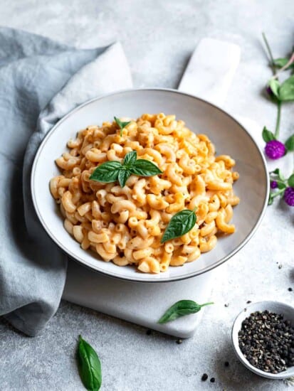 a bowl of easy baked mac and cheese.