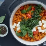 overhead of one pot caprese pasta