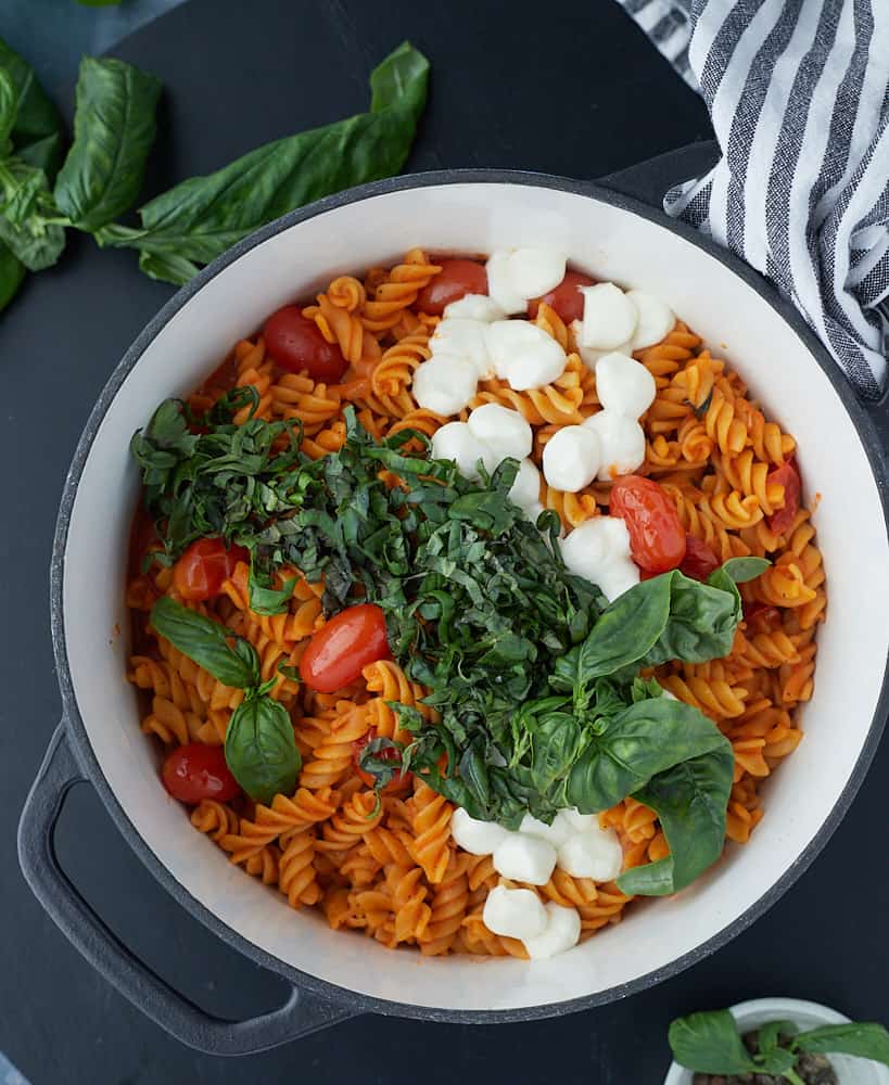 overhead caprese pasta in a pot with basil and mozzarella cheese
