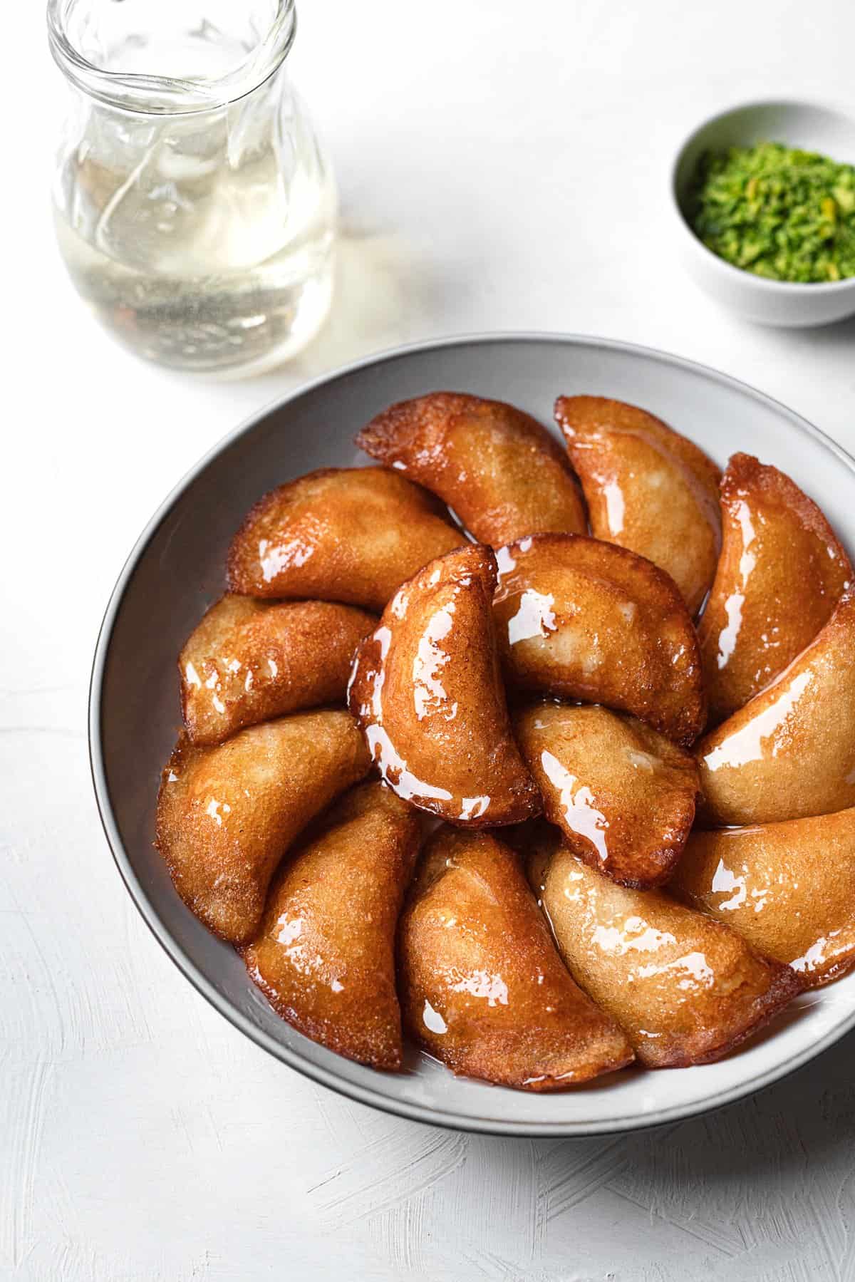 overhead atayef on platter with syrup