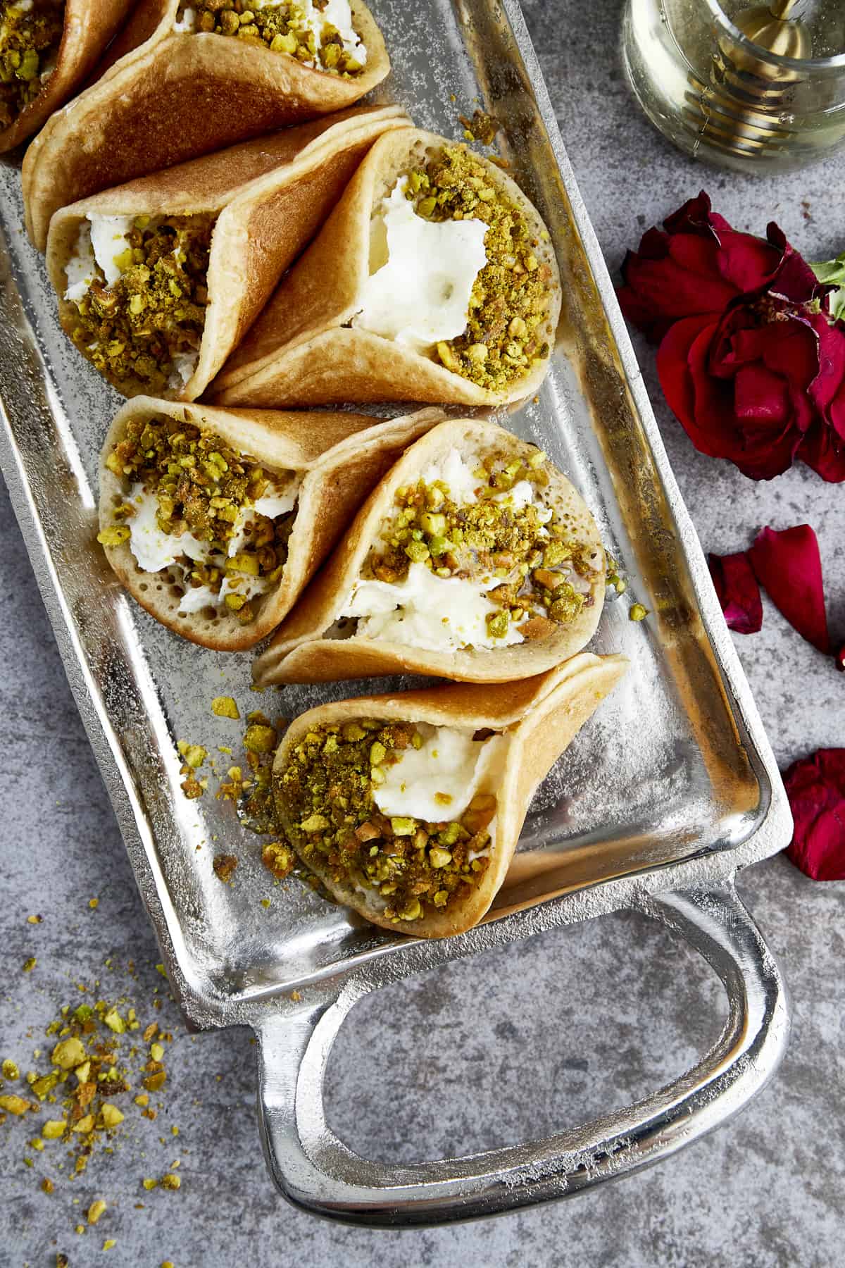 Atayef with Whipped Cream and Pistachios