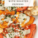 whipped feta recipe with roasted peppers pinterest image with whipped feta dip drizzled over sliced roasted peppers