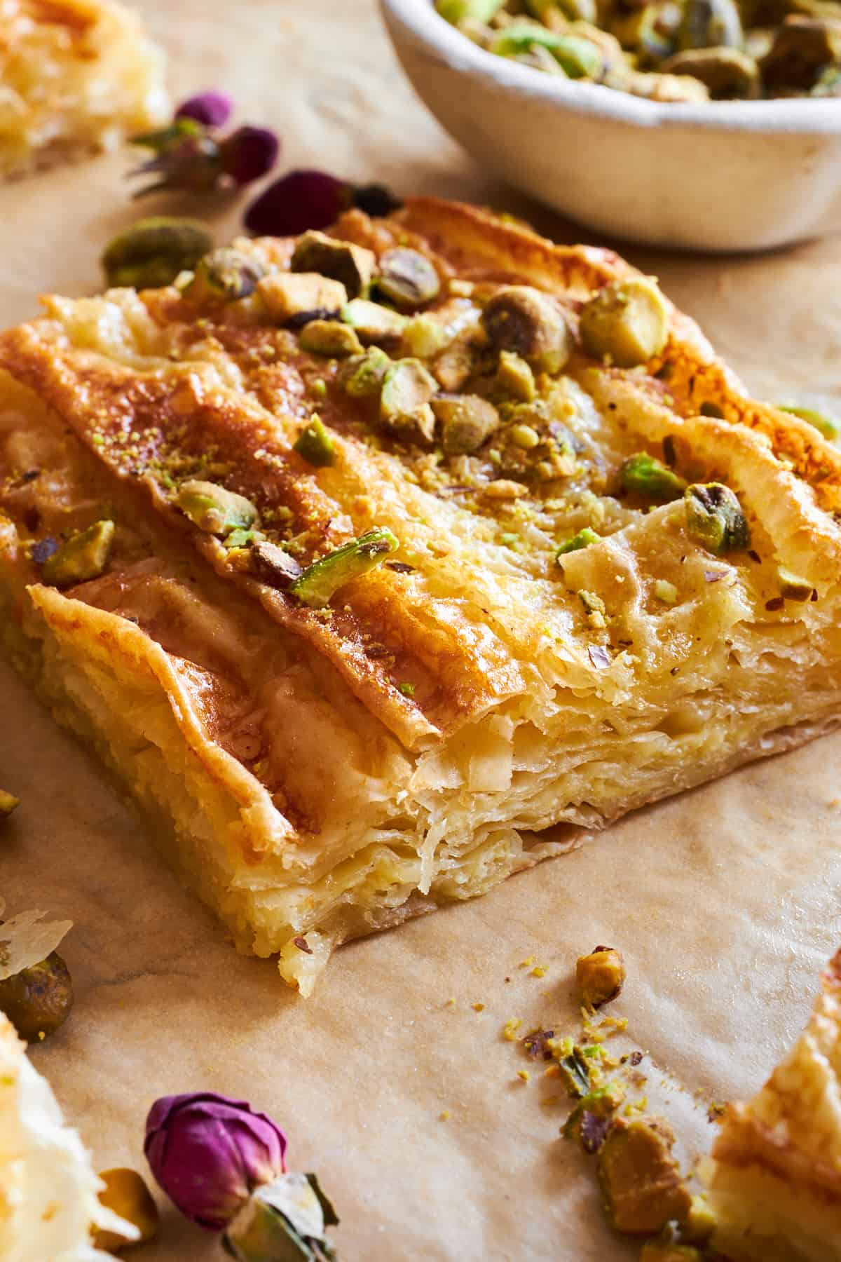 A square of baked crinkle phyllo.