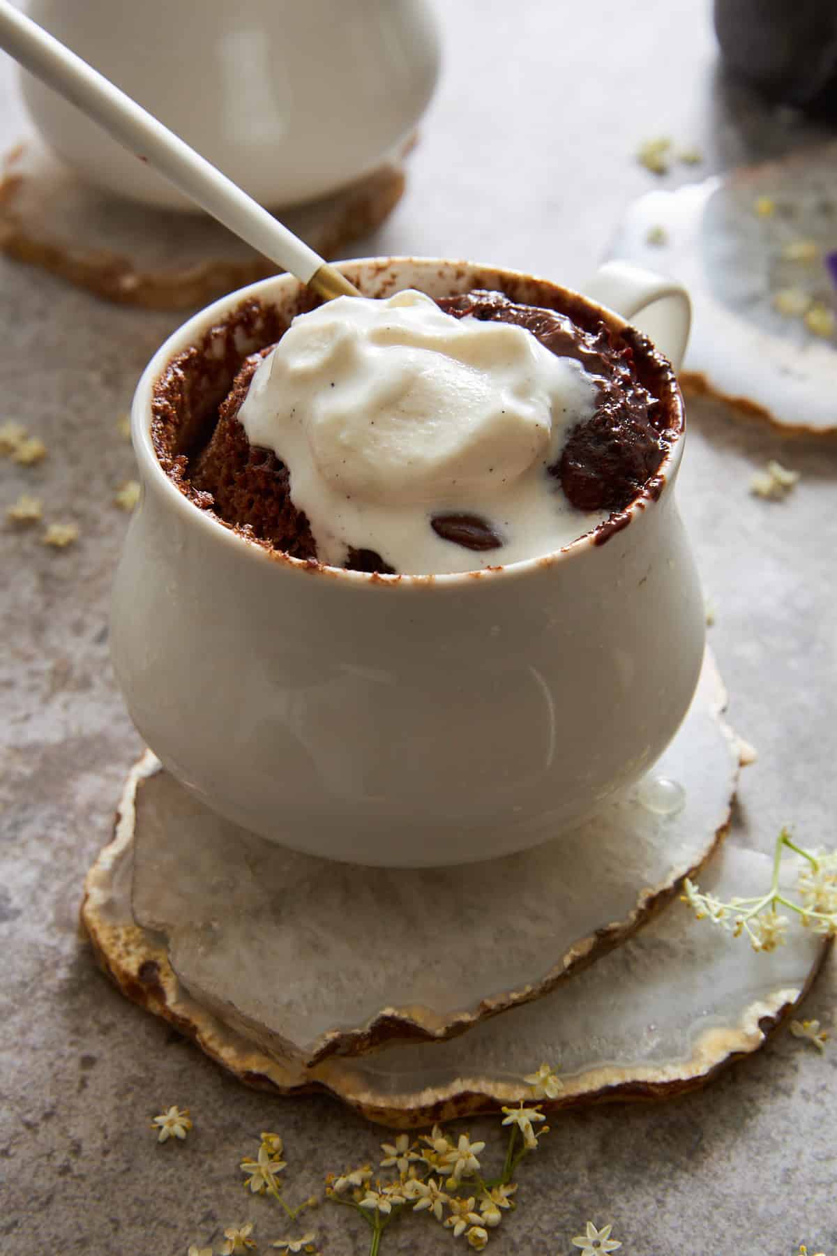 A chocolate mug cake topped with vanilla ice cream.