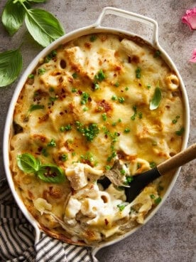 Overhead image of chicken spinach pasta bake.