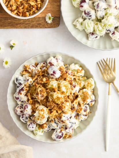 Overhead image of a plate of Mediterranean-inspired grape salad.