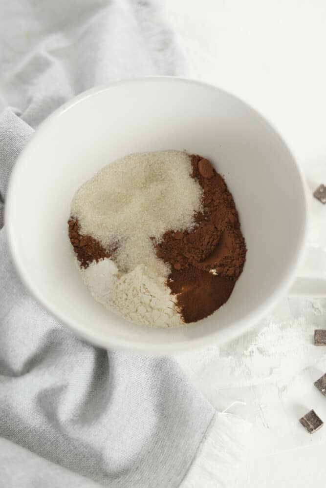 dry ingredients for chocolate coffee mug cake in a bowl 
