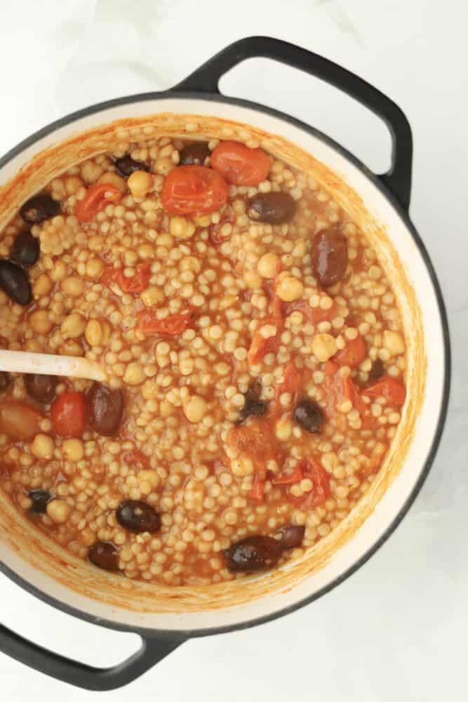 overhead image of a pot of Greek couscous