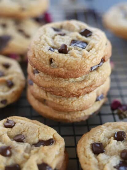 A stack of the best chewy chocolate chip cookies.