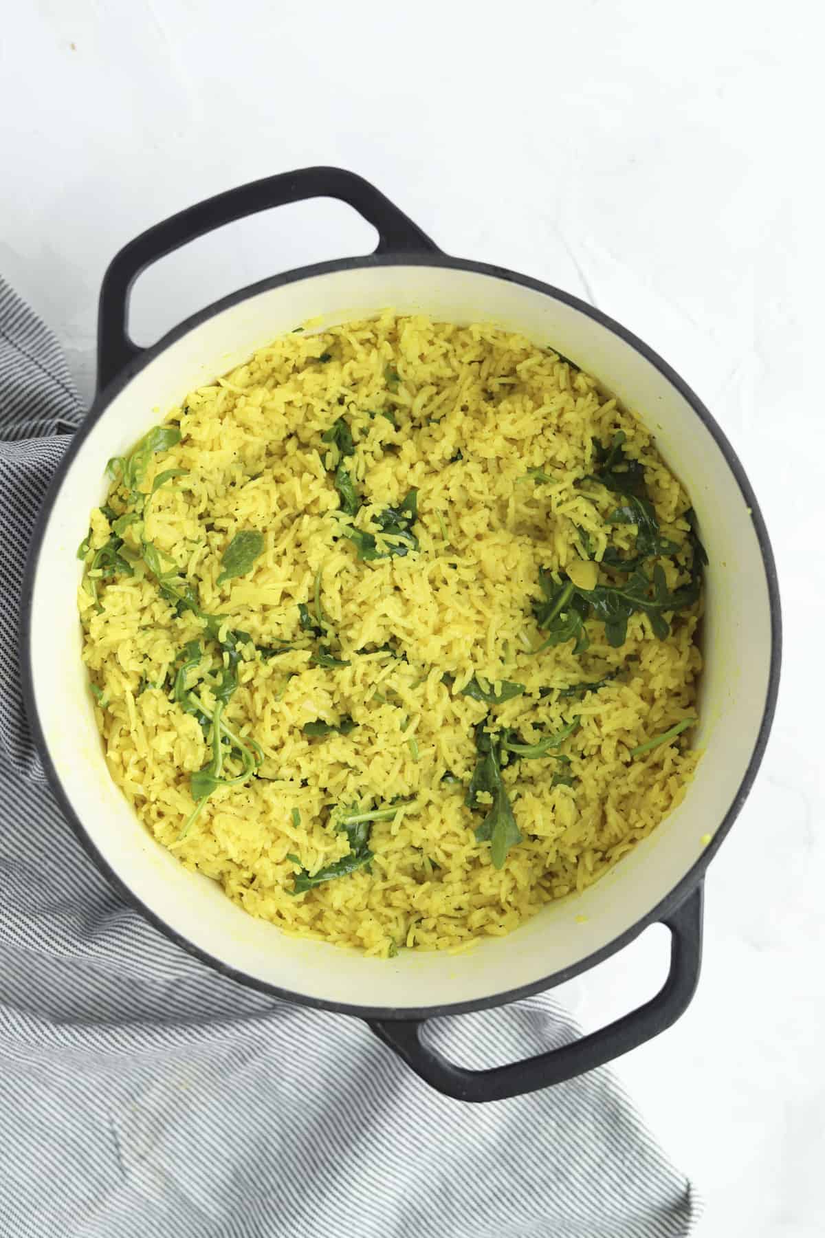 a pot of coconut turmeric rice