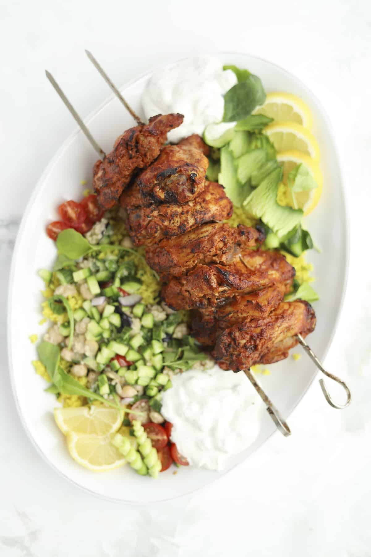 chicken shawarma on a skewer. 