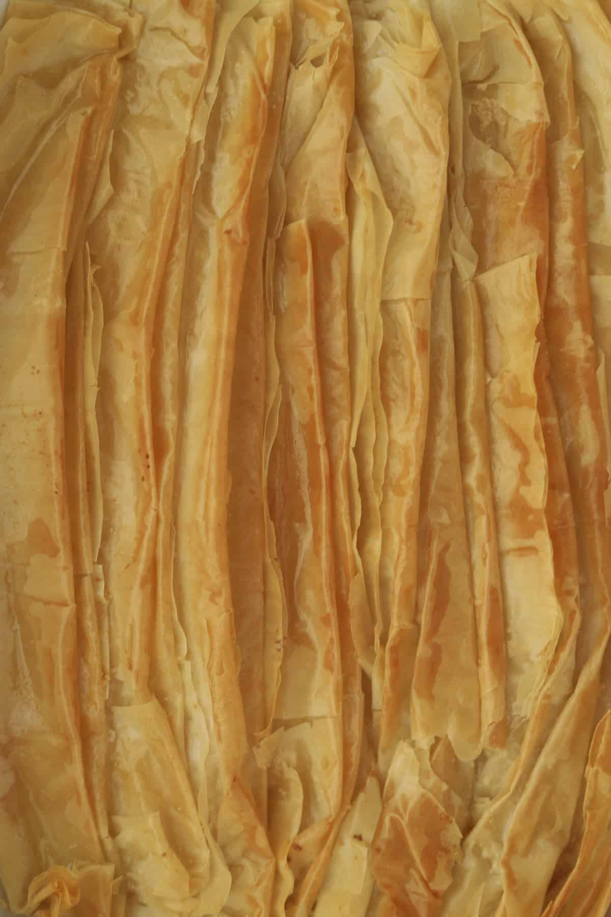 Baked crinkle phyllo dough in a casserole dish.