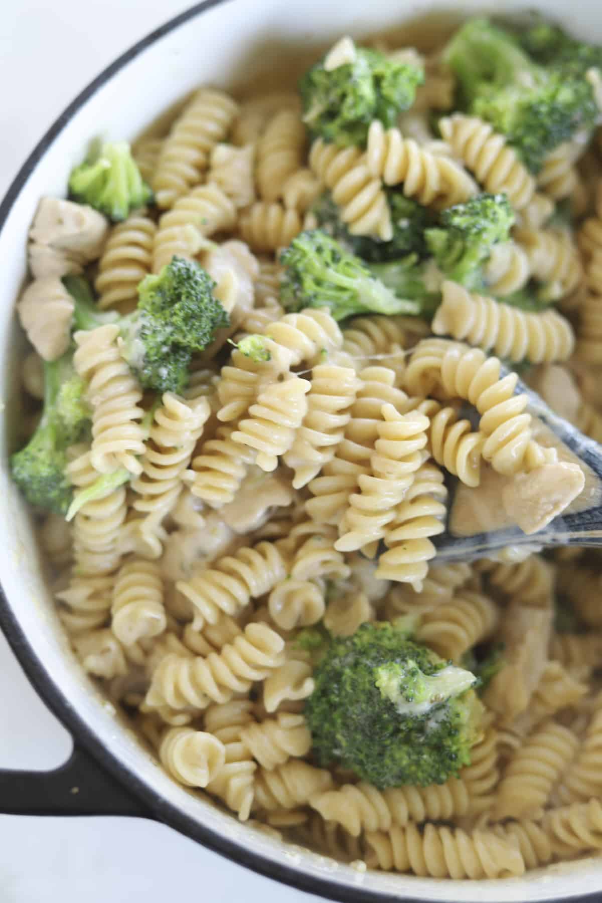 pot of rotini and broccoli