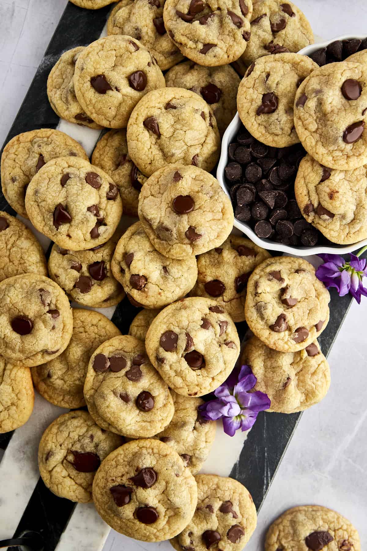 a platter of mini chocolate chip cookies