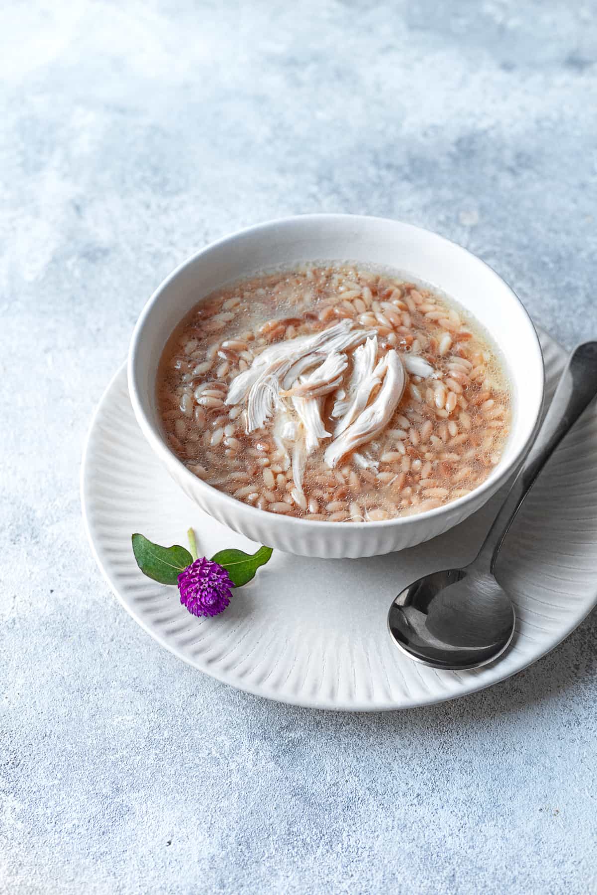 Middle Eastern Orzo Soup topped with shredded chicken