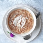 overhead image of orzo soup topped with shredded chicken