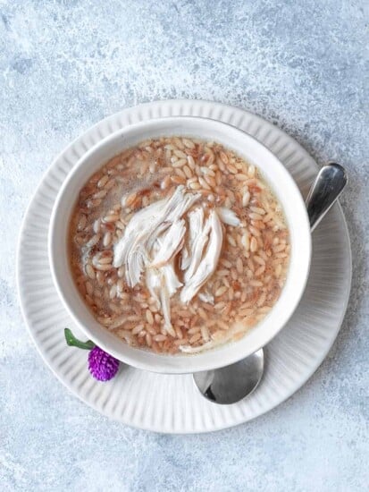 overhead image of orzo soup topped with shredded chicken