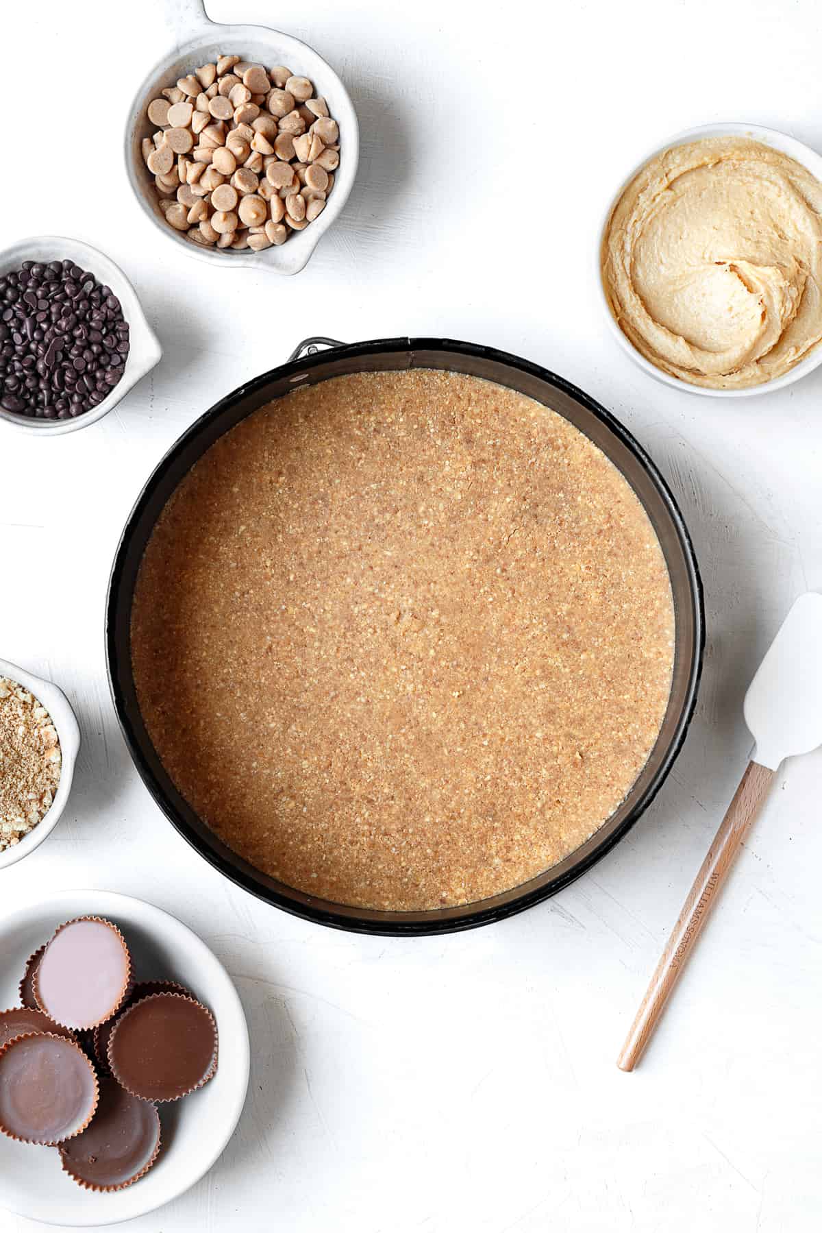 no-bake chocolate peanut butter pie crust in a pie pan