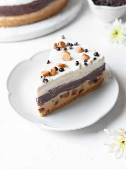 slice of chocolate peanut butter pie on a plate with chocolate chips and peanut butter chips