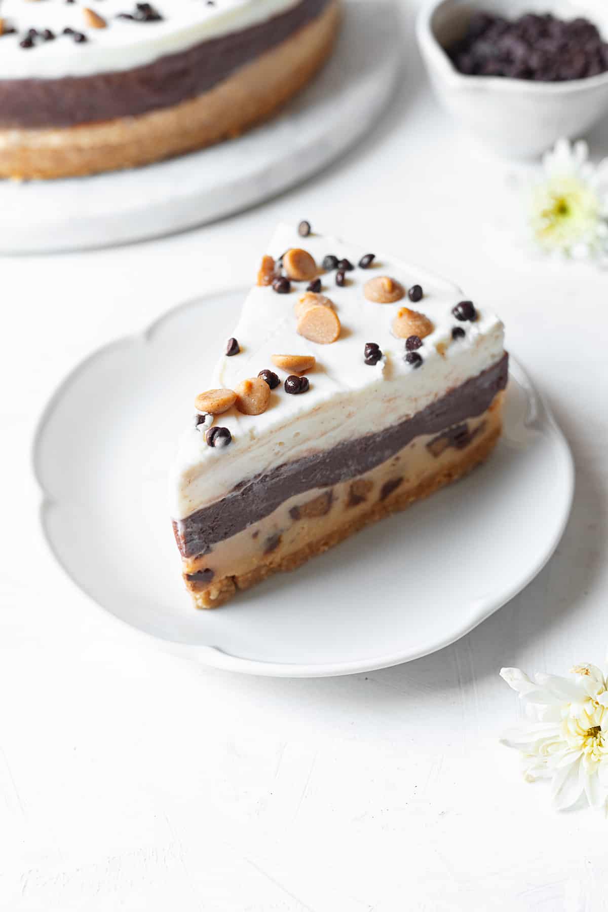 slice of chocolate peanut butter pie on a plate with chocolate chips and peanut butter chips.