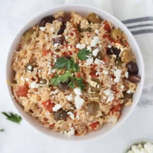 greek baked rice in a serving bowl