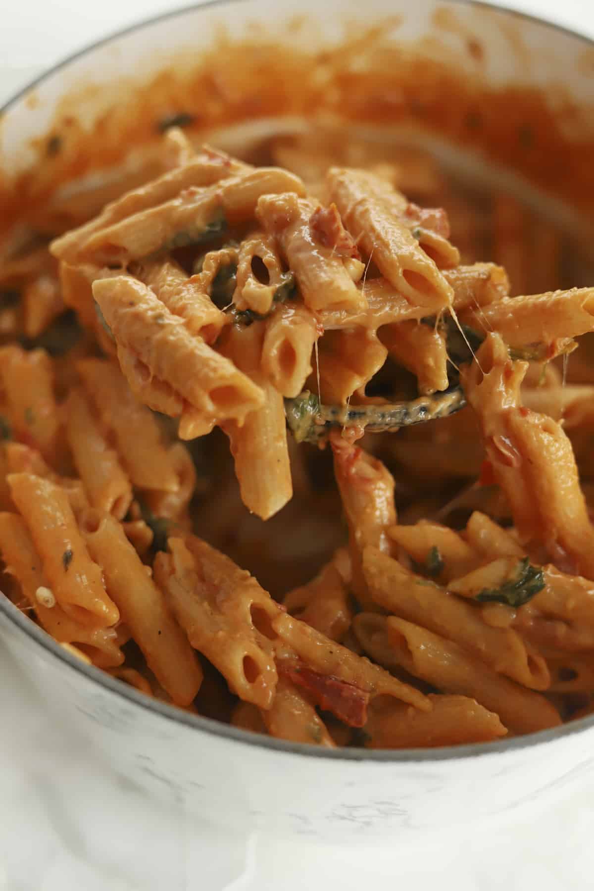 pot of sun dried tomato pasta being stirred with a spoon