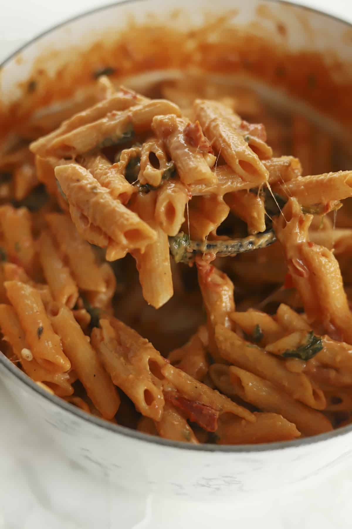 pot of sun dried tomato pasta being stirred with a spoon