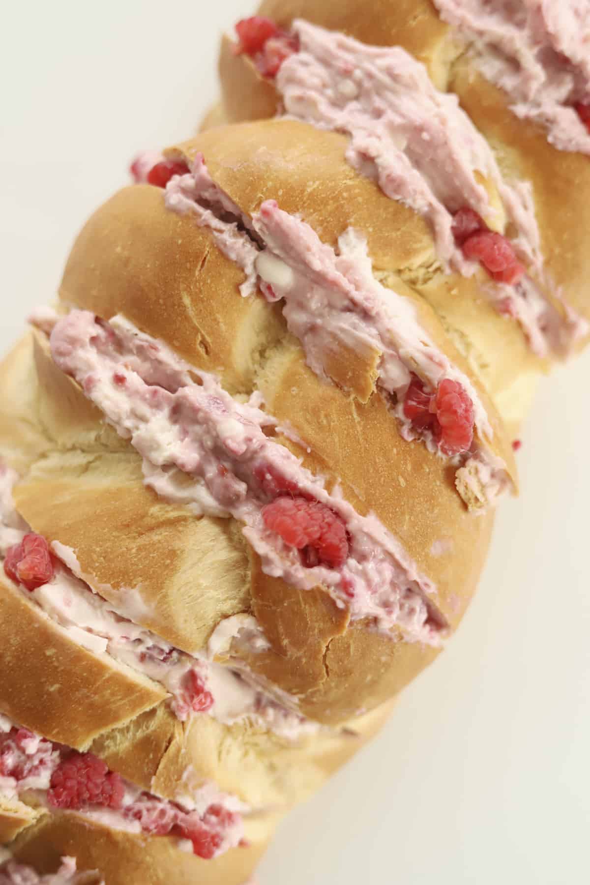 challah bread stuffed with raspberry cream cheese and fresh raspberries