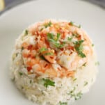 a serving of lemon garlic shrimp and rice on a plate