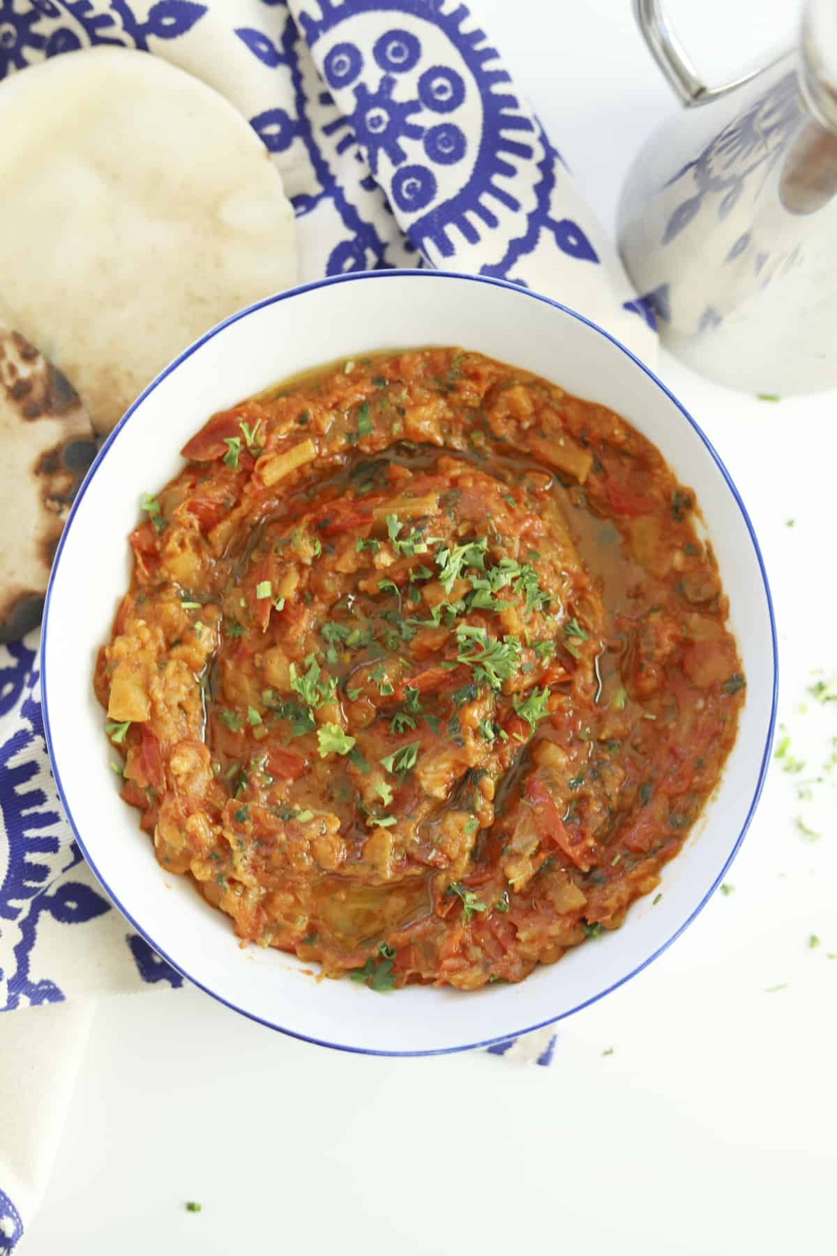 overhead image of a bowl of Moroccan zaalouk